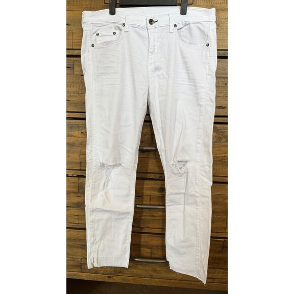 Rag & Bone Dre Capri Jeans Women's 31 White Distressed Cropped Frayed Hem Denim - Picture 1 of 12